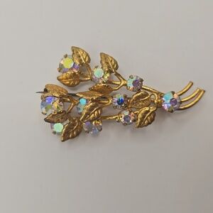Vintage Floral Bouquet Aurora Borealis Gold Tone Brooch